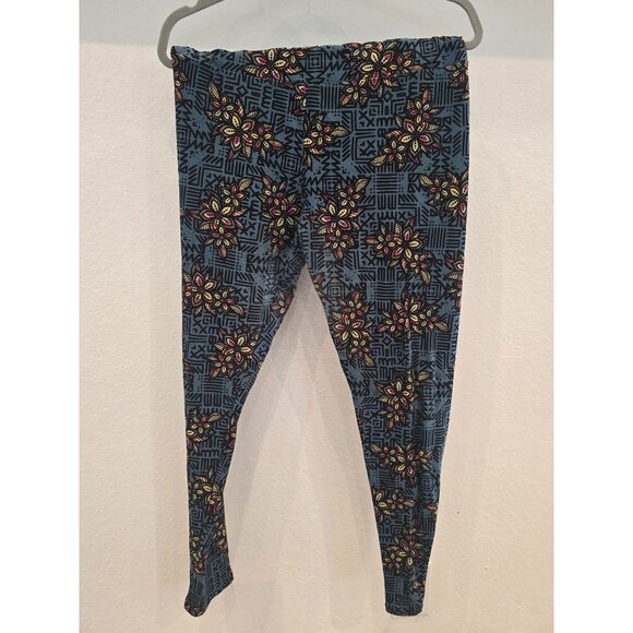 Lularoe Tall & Curvy Leggings Blue & Black Geometric And Floral Print Soft Stret - Picture 2 of 6
